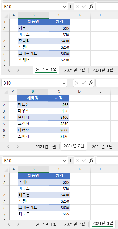 세 개 시트 데이터