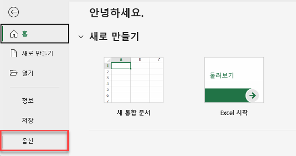 엑셀 파일 탭에서 옵션 선택
