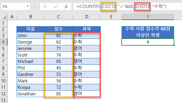 여러기준계산 countifs 60점이상