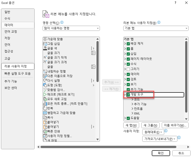 옵션에서 개발 도구 체크