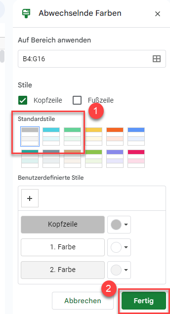 Abwechselnde Farben in Google Sheets auswaehlen