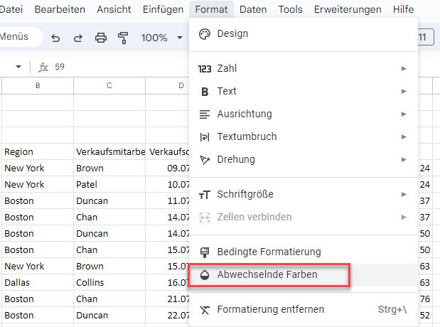 Abwechselnde Farben in Google Sheets hinzufuegen