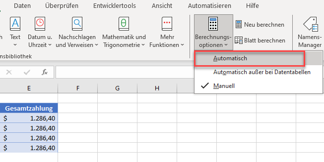 Aktivierung der automatischen Berechnung in Excel