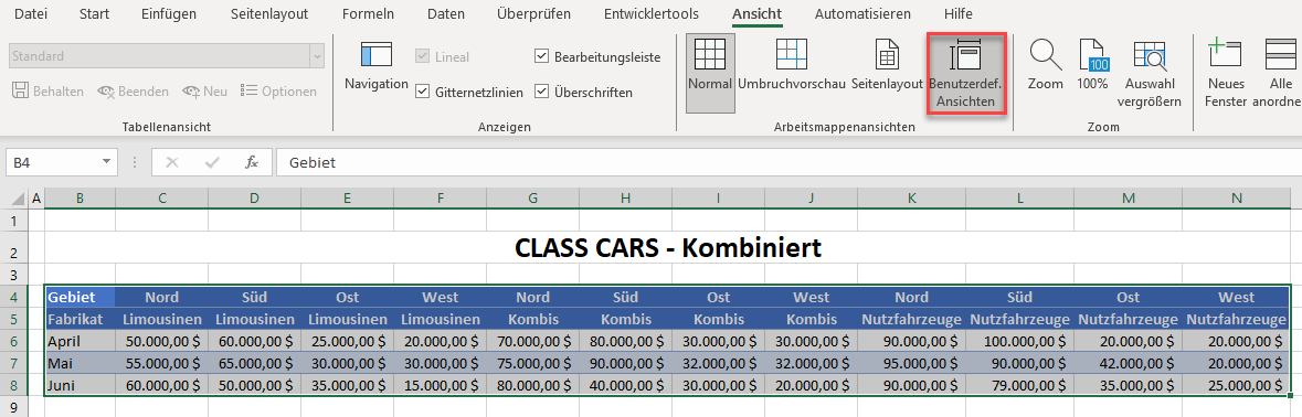 Benutzerdefinierte Ansichten in Excel