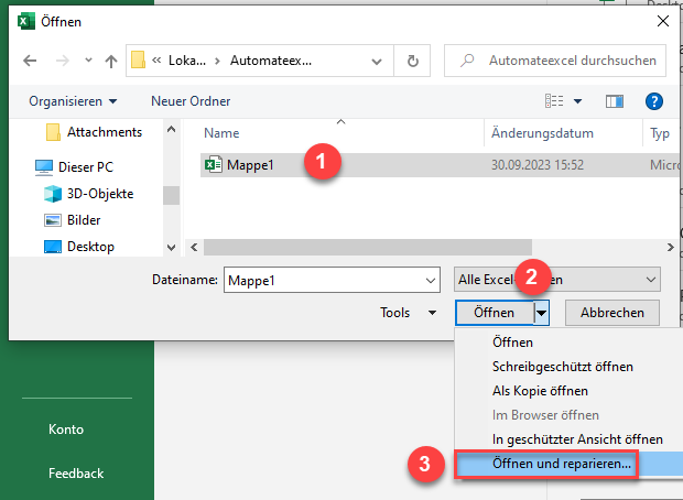 Datei in Excel oeffnen und reparieren