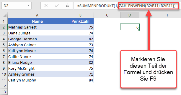 Eindeutige Werte in Bereich ZAEHLENWENN Funktion markieren