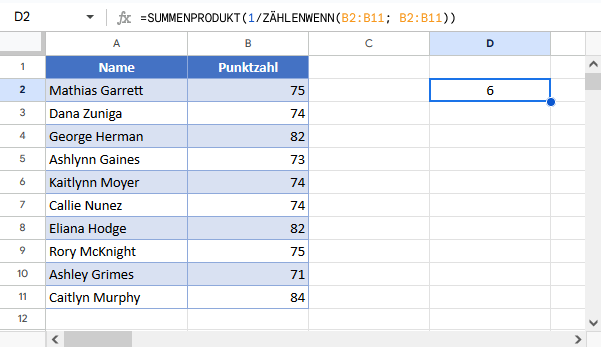 Eindeutige Werte in Bereich zaehlen Google Sheets