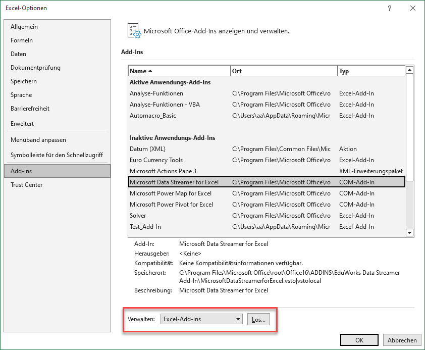 Excel Add ins verwalten