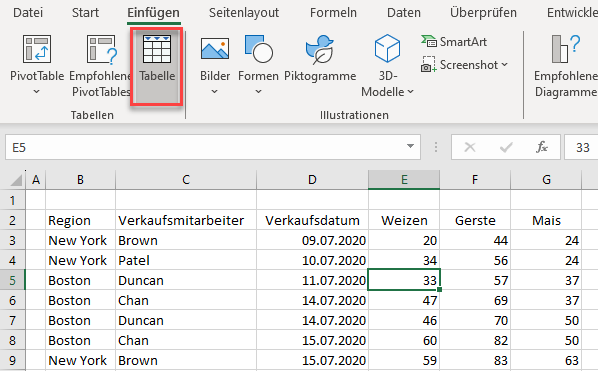 Excel Option Tabelle einfuegen