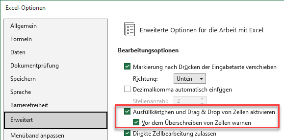 Excel Optionen Erweitert Ausfüllkästchen aktivieren