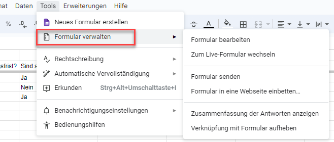 Formular in Google Sheets verwalten