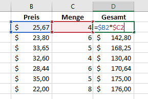 Gemischte Zellbezuege in Excel verwenden