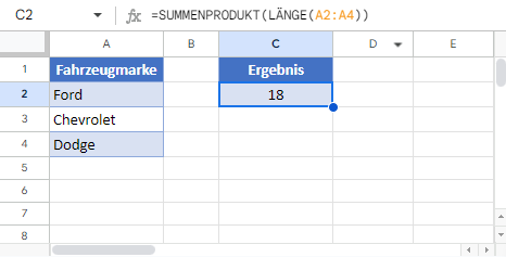 Gesamtanzahl Zeichen in Spalte ermitteln Google Sheets