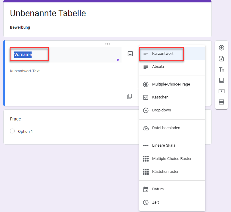 Google Formular Feldtyp kurzantwort