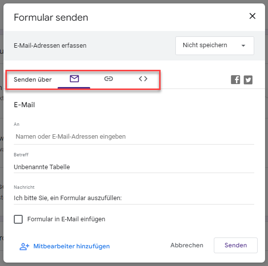 Google Formular senden Optionen