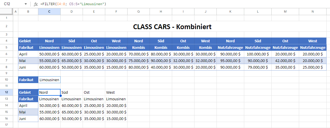 Horizontalfilter mit FILTER Funktion Google Sheets