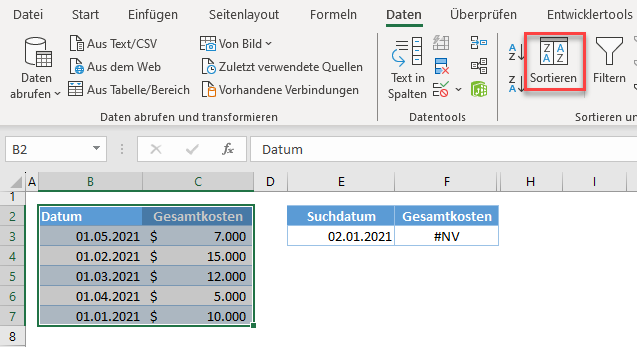 Nachschlage Array fuer XVERWEIS sortieren