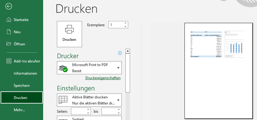 Pivot Tabelle und Diagramm drucken