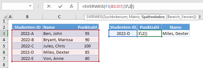 SVERWEIS Rueckgabe mehrerer Spalten Backslash Schreibweise