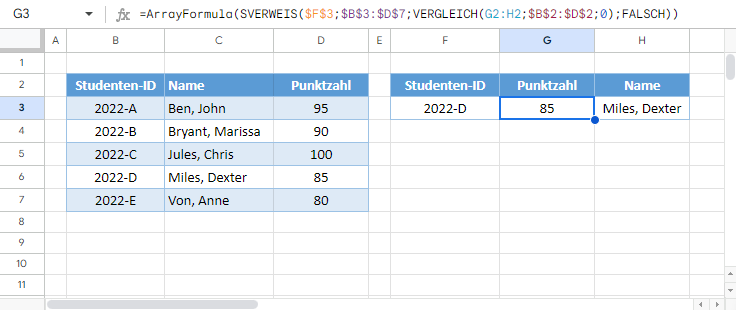 SVERWEIS Rueckgabe mehrerer Spalten Google Sheets