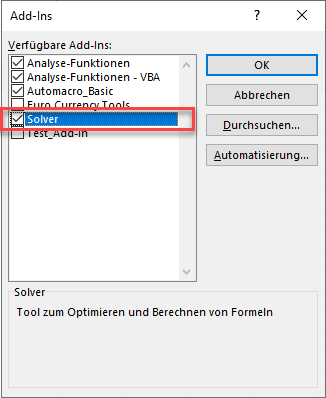 Solver Add in aktivieren