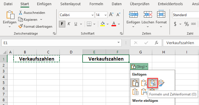 Verbundene Zellen in Excel einfuegen Option Formeln und Zahlenformate ueber Kontextmenue