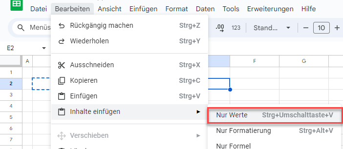 Verbundene Zellen in Google Sheets einfuegen Option Nur Werte