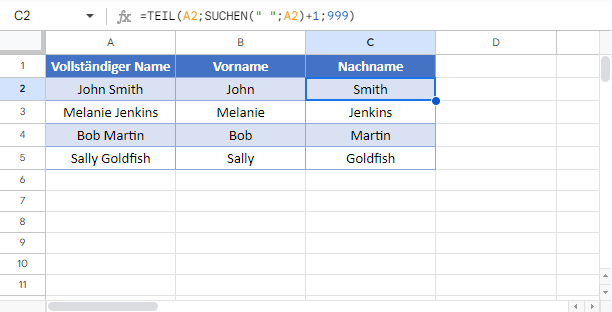 Vornamen und Nachnamen trennen Google Sheets