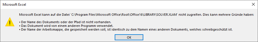 Warnmeldung Solver Add in nicht gefunden
