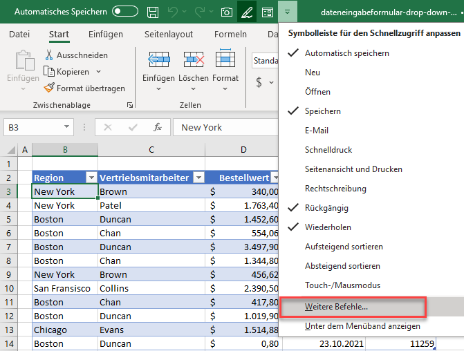 Weitere Befehle fuer die Schnellzugriffsleiste in Excel anzeigen