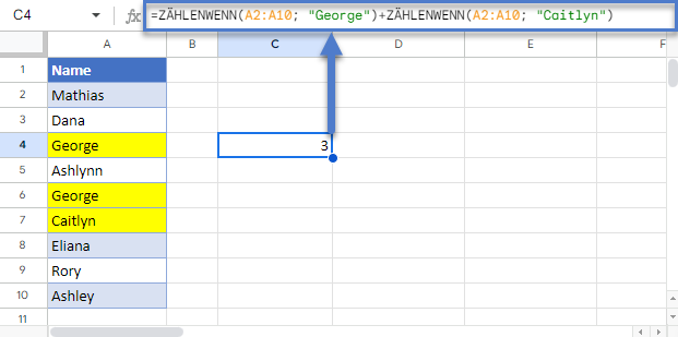 Zellen gleich zwei Ergebnissen zaehlen Google Sheets