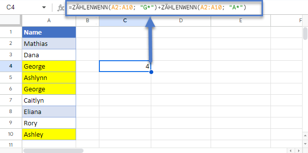 Zellen gleich zwei Ergebnissen zaehlen Platzhalter in Google Sheets verwenden