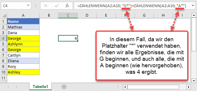 Zellen gleich zwei Ergebnissen zaehlen Platzhalter verwenden