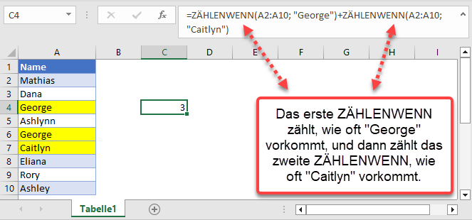 Zellen gleich zwei Ergebnissen zaehlen erklärt