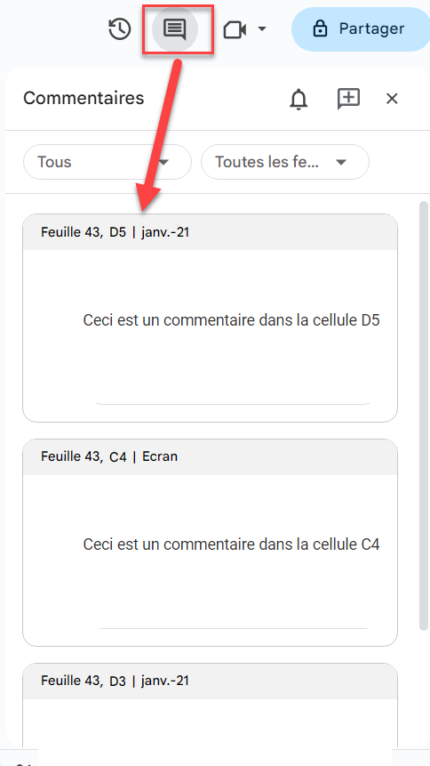 afficher tous commentaires google sheets