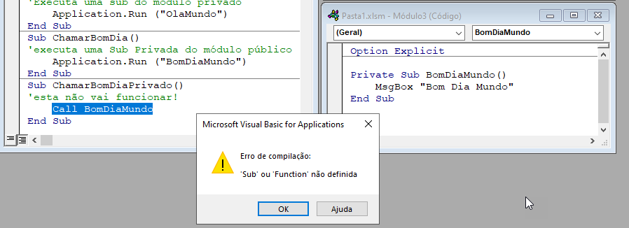 bom dia mundo erro compilacao