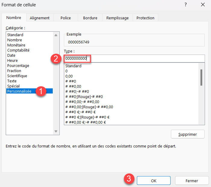 excel ajout zeros format cellule personnalise