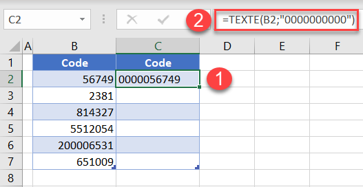 excel ajout zeros formule texte