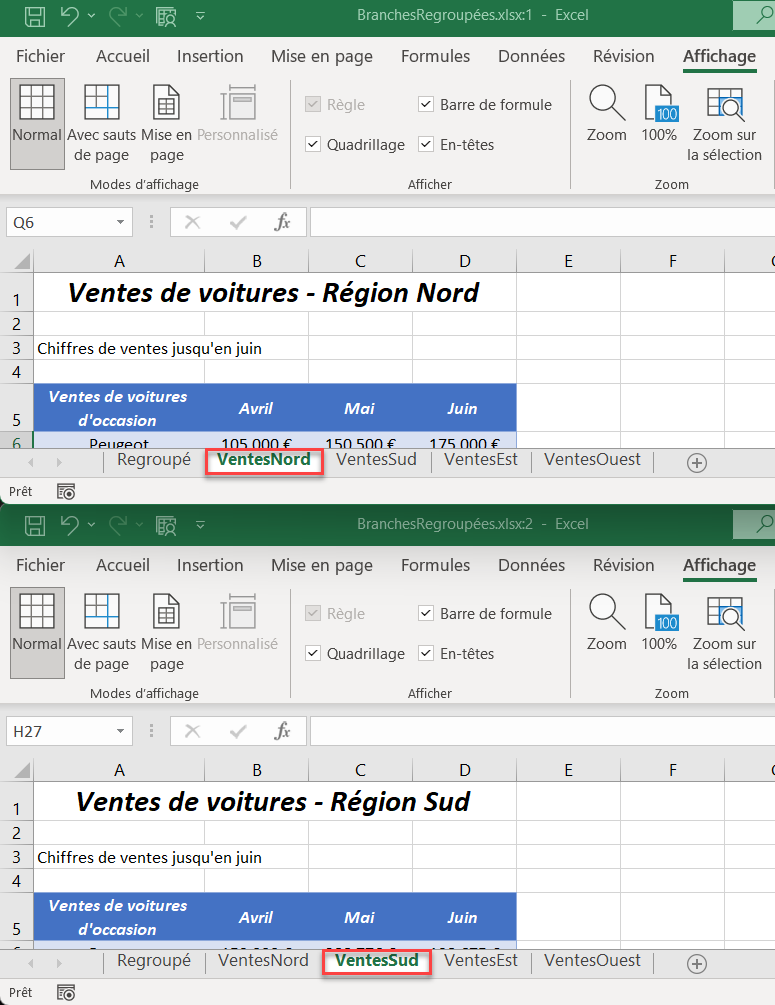 excel comparer feuilles horizontal