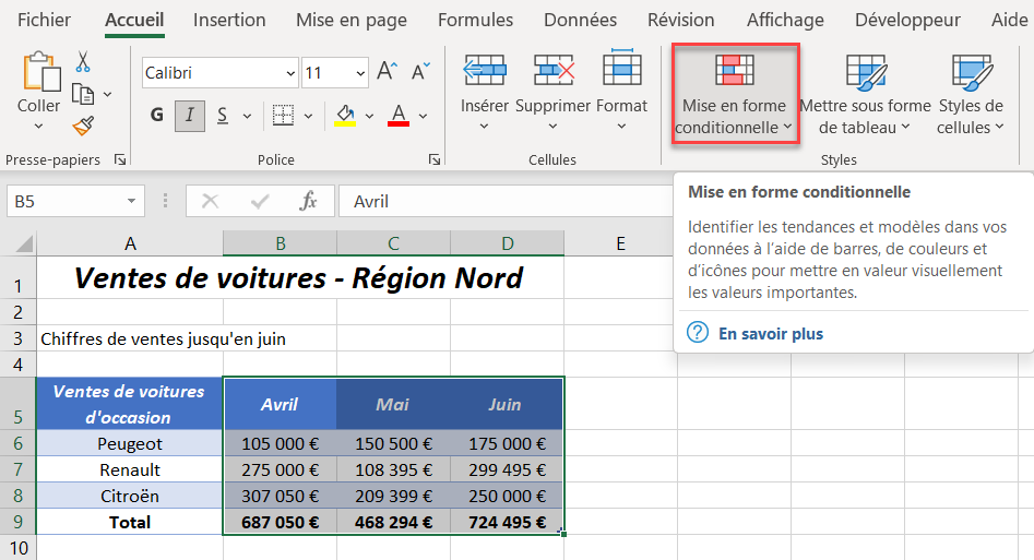 excel comparer feuilles mise en forme