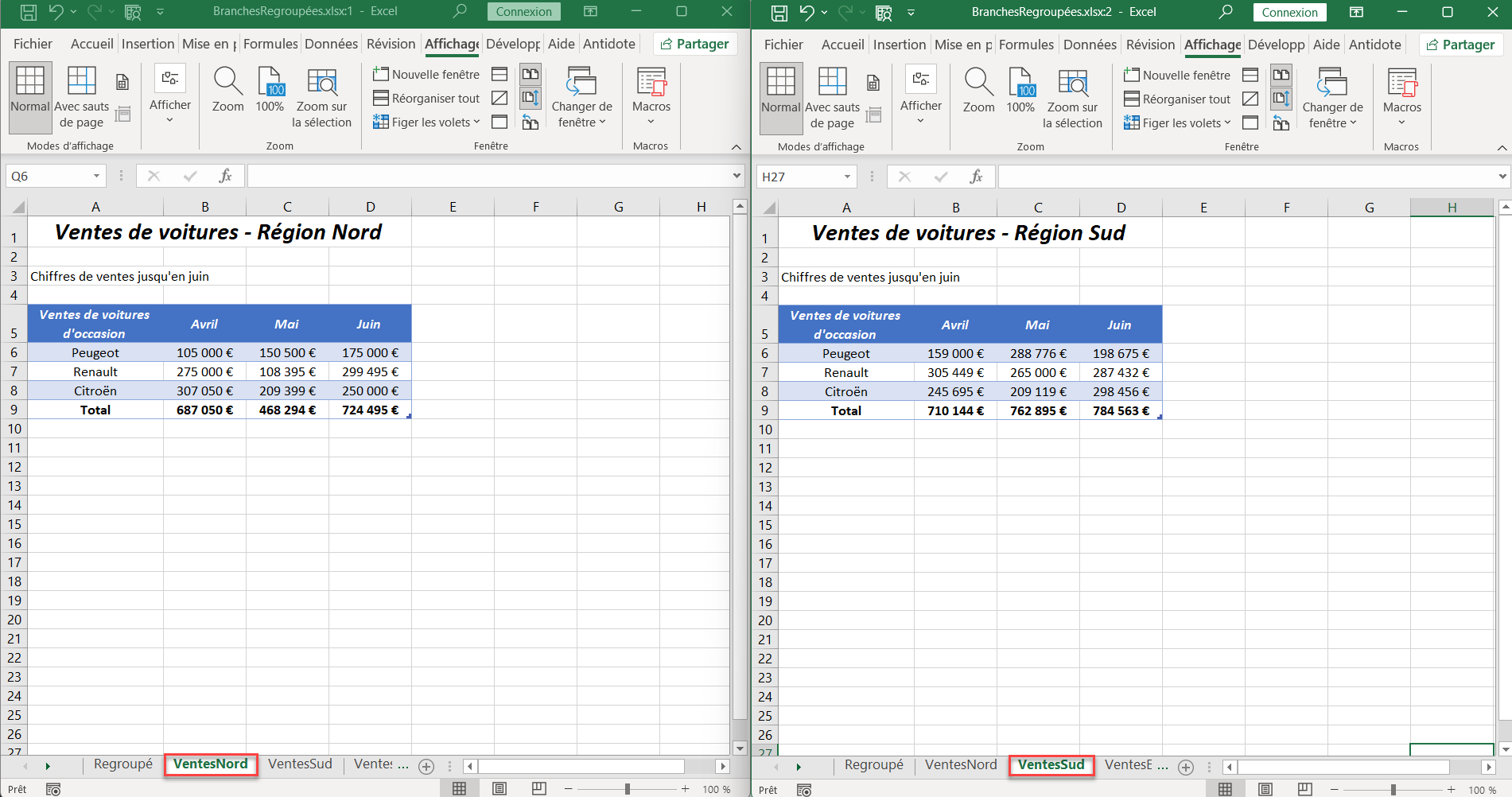 excel comparer feuilles vertical resultat