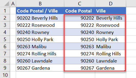 excel diviser cellules codde postal convertir resultat