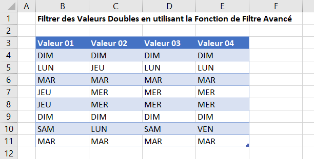 excel filtrer valeurs doubles jours