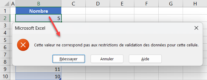 excel limiter valeur validation erreur