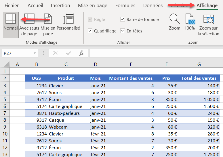 excel retirer pointilles affichage normal