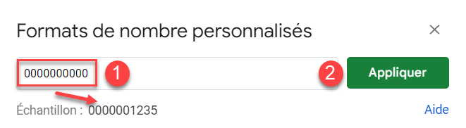 google sheets ajout zeros format perso