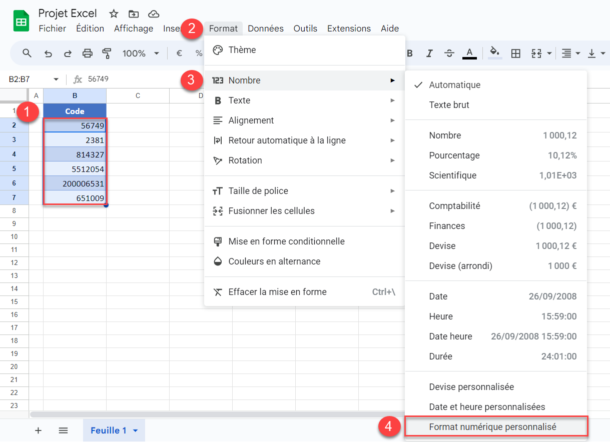 google sheets ajout zeros personnalise