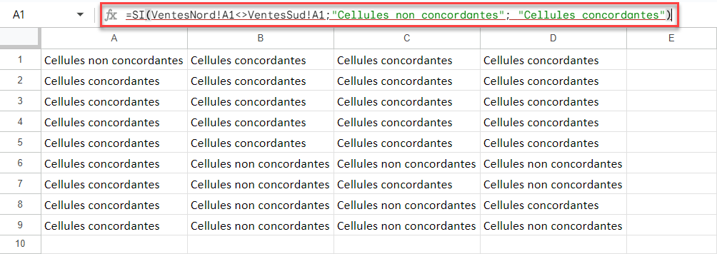 google sheets comparer feuilles concordantes