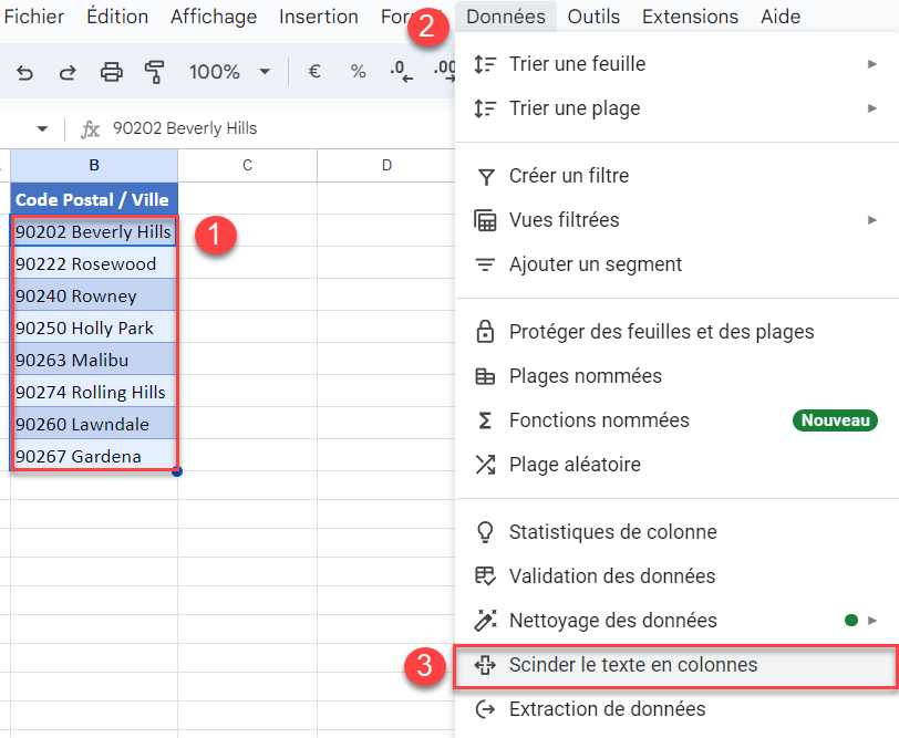 google sheets diviser cellule scinder