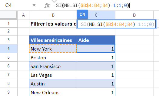 google sheets filtrer valeurs doubles formule